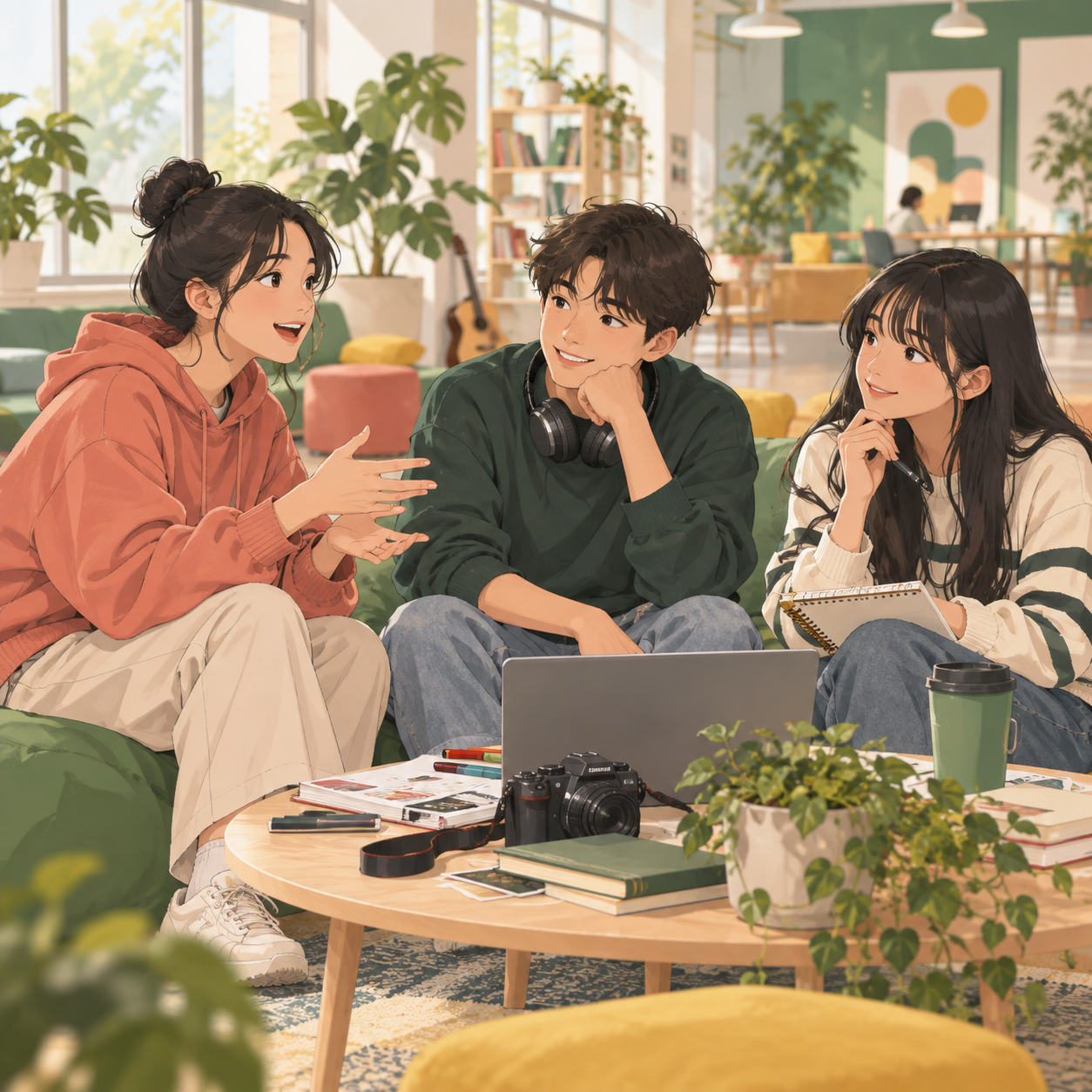 청소년 세 명이 청소년센터 라운지에서 함께 이야기를 나누는 모습